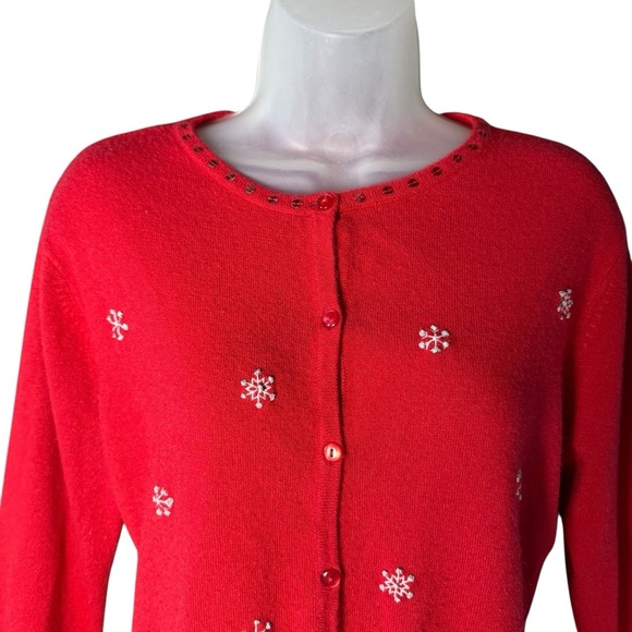 Wish for Joy Red Snowman Cardigan Sweater Large Christmas Embroidered - Picture 2 of 6